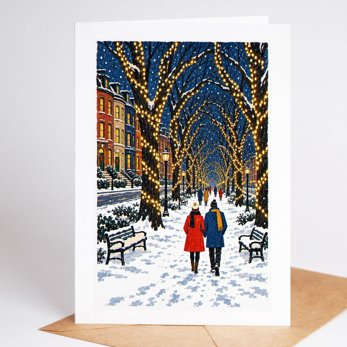 Boston Christmas card standing with envelope, the Commonwealth Avenue Mall under arches of holiday lights