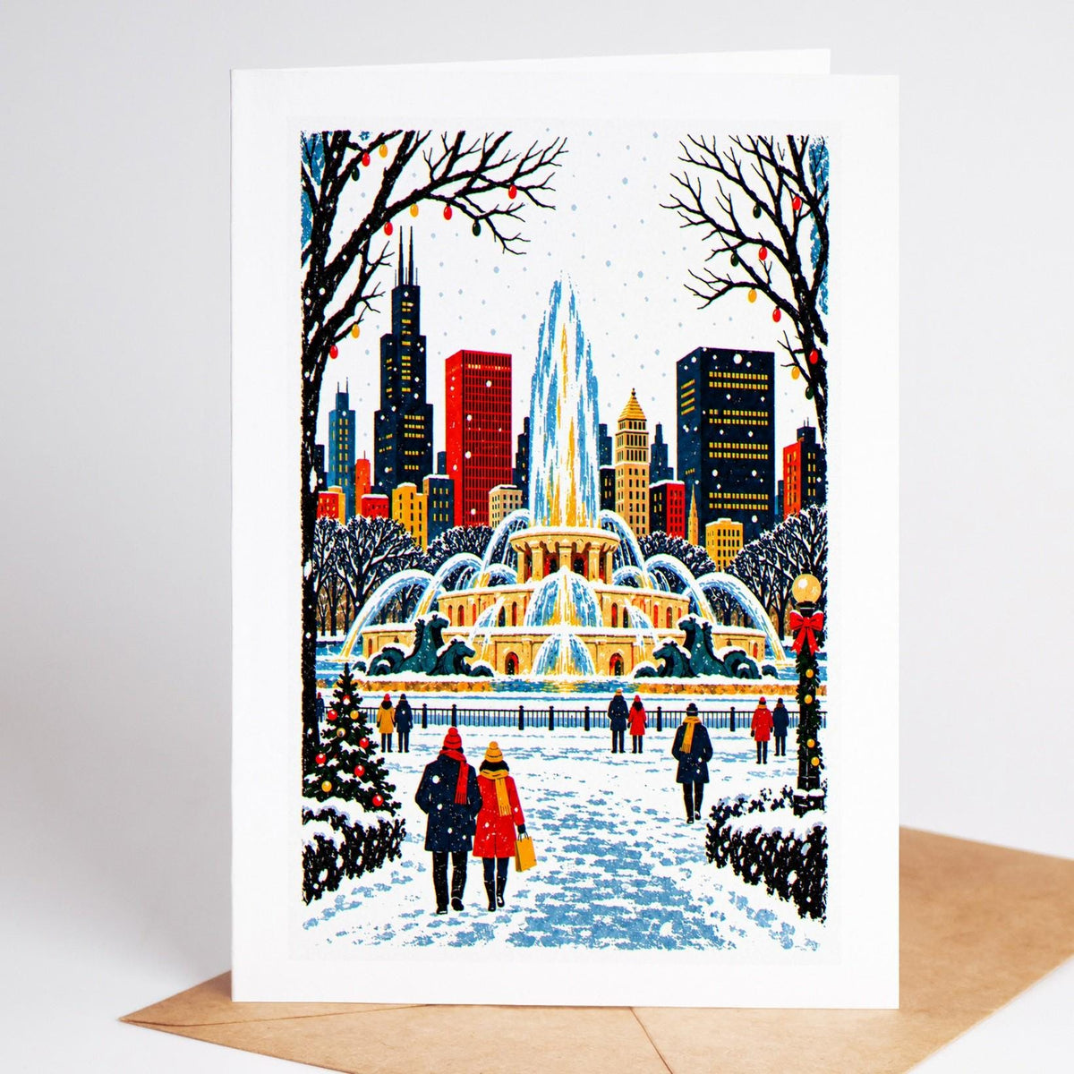Chicago Christmas card standing upright, Buckingham Fountain ringed with lights on a winter evening