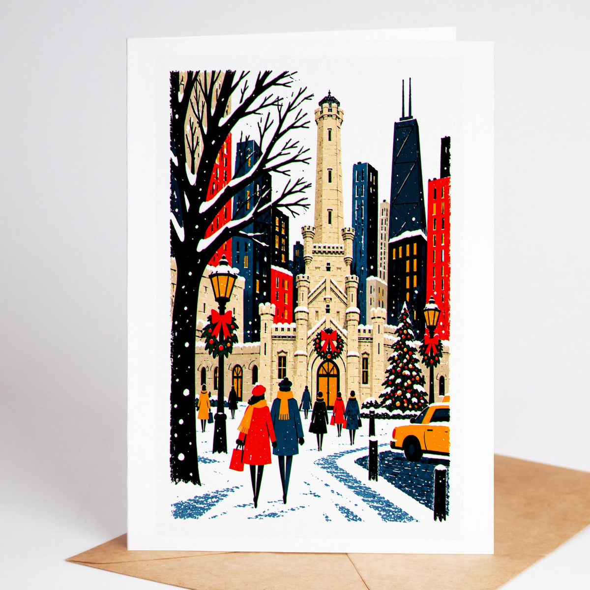 Chicago Christmas card standing upright, the old Water Tower on Michigan Avenue wrapped in garlands
