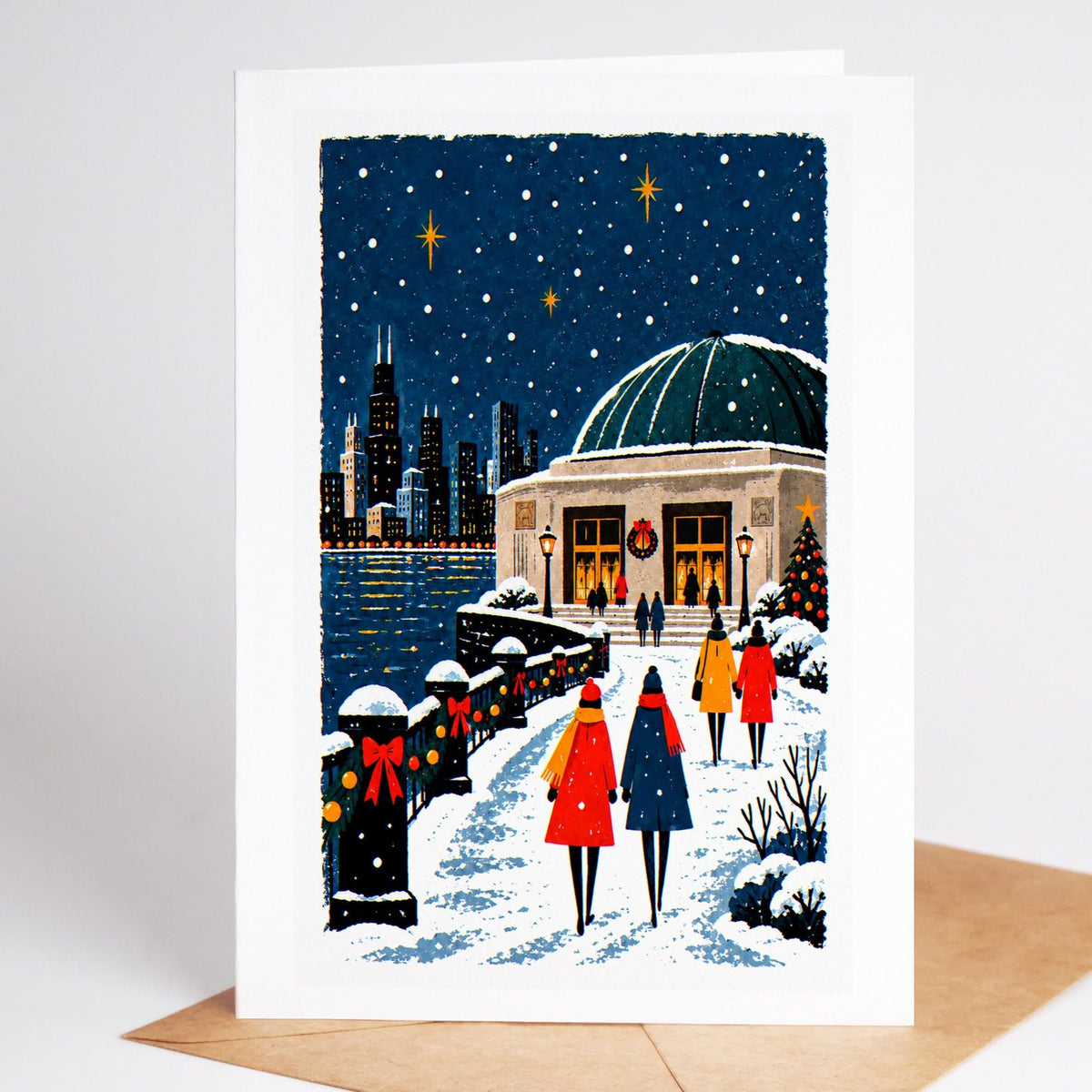 Chicago Christmas card standing with envelope, the Adler Planetarium with the skyline across the frozen lake