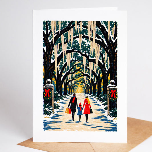 Savannah Christmas card standing with envelope, the Wormsloe oak avenue receding into the mist