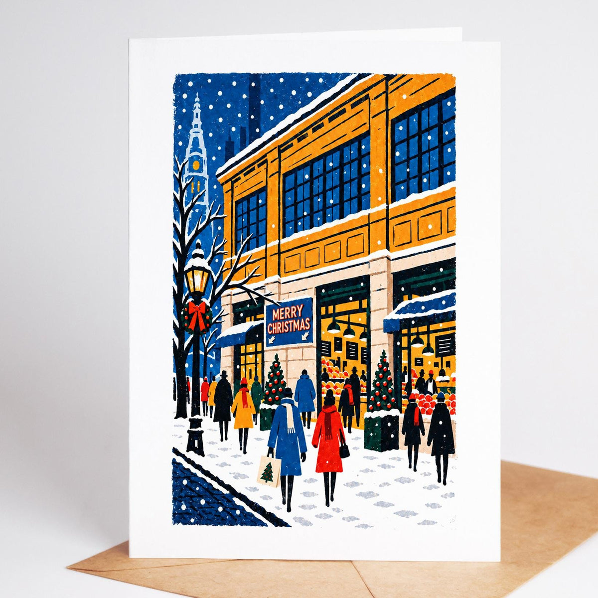 Philadelphia Christmas card standing with envelope, the Reading Terminal Market front under a Merry Christmas banner