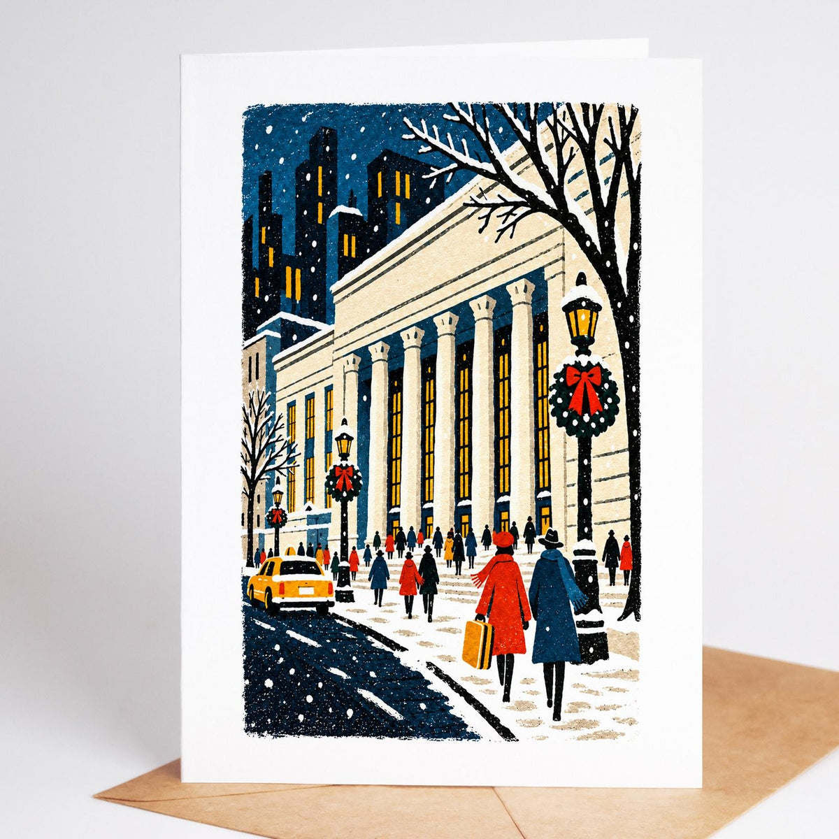 Philadelphia Christmas card standing upright, the colonnade of 30th Street Station with a taxi at the curb