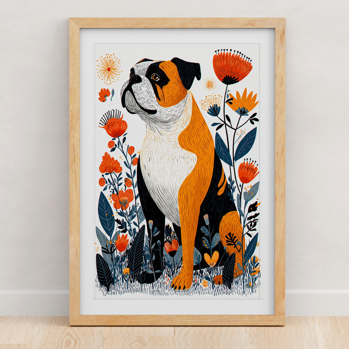 English Bulldog floral art print, design 2 Sitting in Wildflowers, framed in light oak on a wood floor
