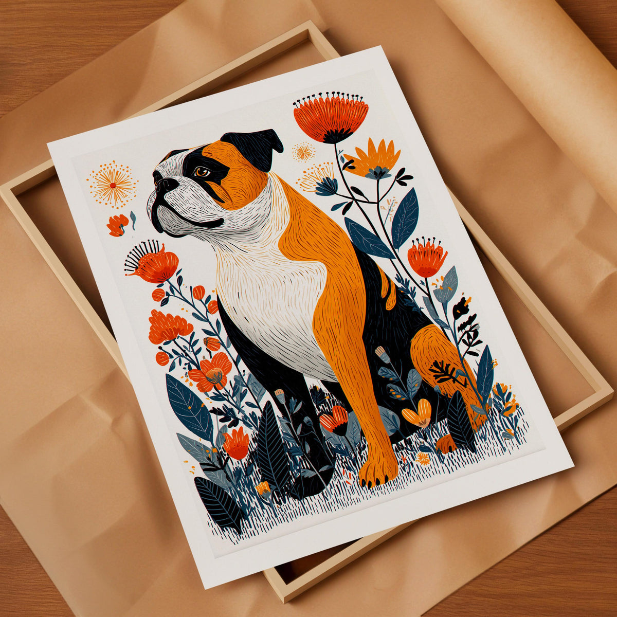 Sitting English Bulldog art print resting in an open gift box on kraft paper