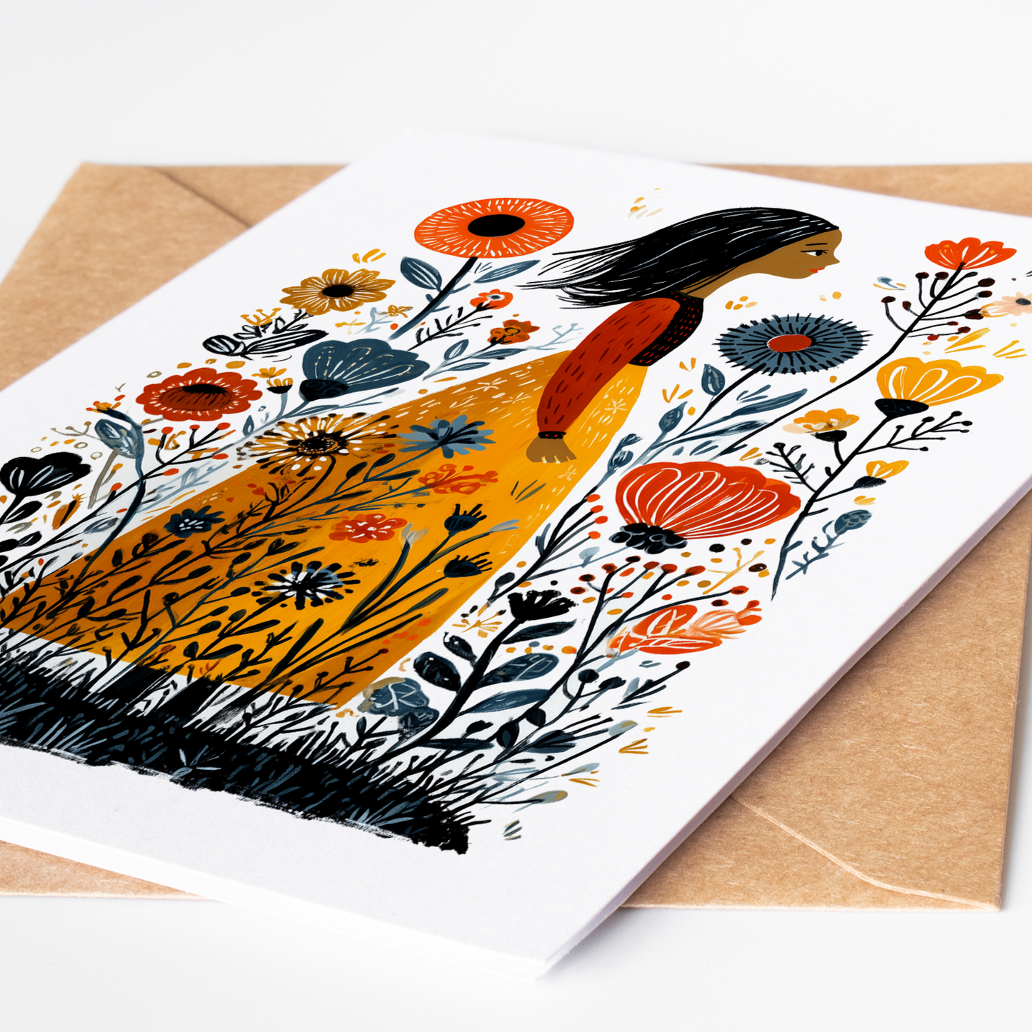 Modern botanical folk-art card depicting a girl strolling through stylized meadow flowers in rich autumn hues; eco-friendly greeting perfect for garden lovers and art collectors.