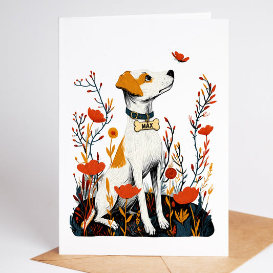 Personalized Jack Russell sympathy card with the name Max on a dog tag, standing on a kraft envelope