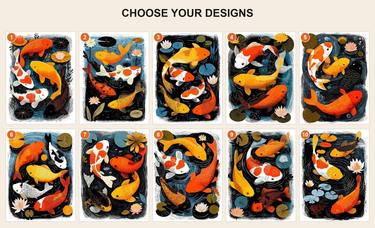 Style guide showing all 10 koi fish card designs numbered 1 to 10