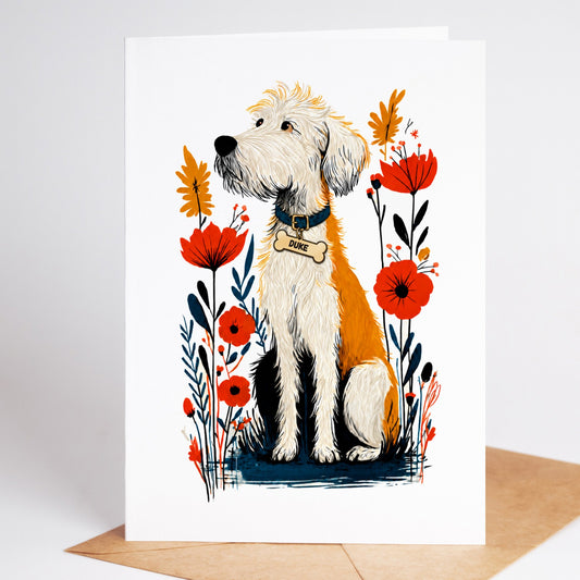 Personalized Labradoodle sympathy card with the name Duke on a dog tag, standing on a kraft envelope