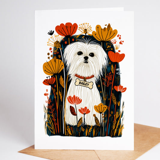 Personalized Maltese sympathy card with the name Bailey on a dog tag, standing on a kraft envelope