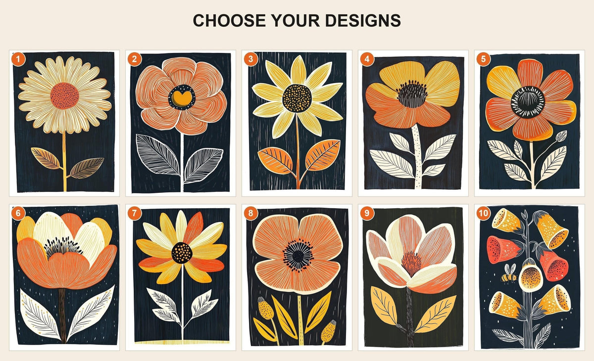 Style guide showing all 10 mid century modern floral card designs numbered 1 to 10