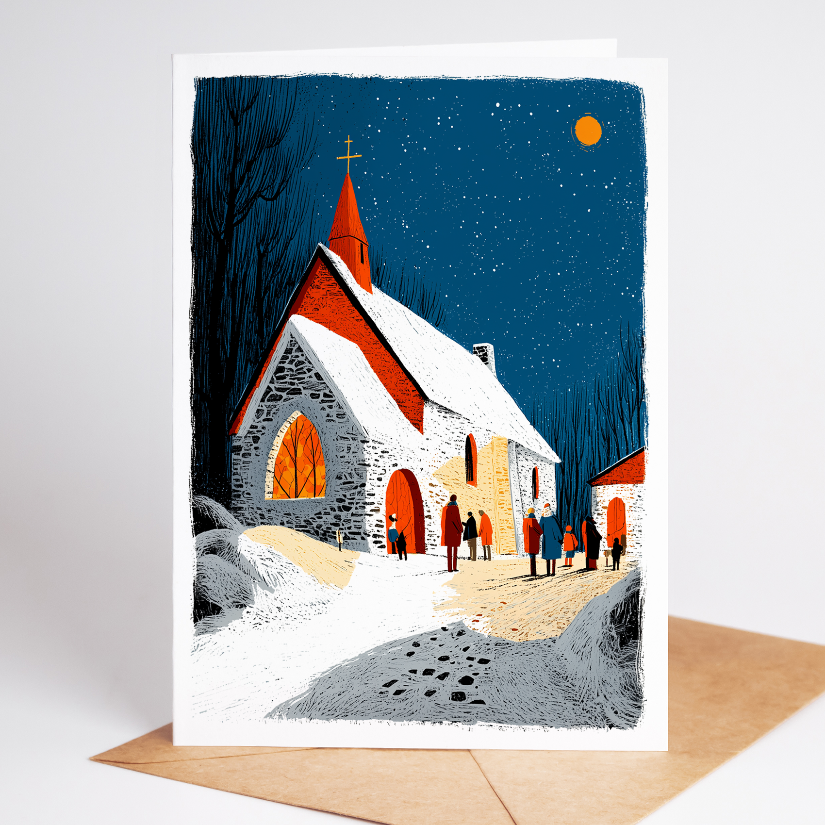 Religious Christmas card depicting a snowy church at night with warm glowing windows and people gathering for midnight mass, faith-inspired holiday illustration by Learn Grow Play.