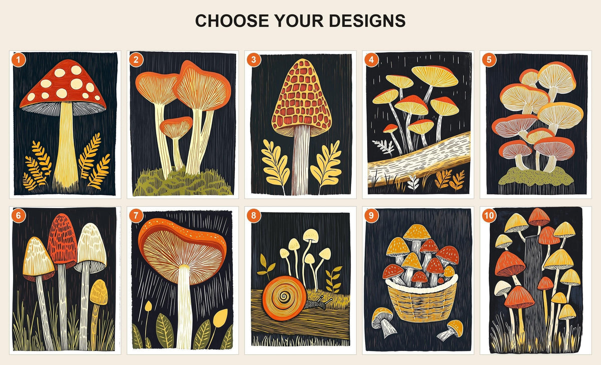 Style guide showing all 10 mushroom card designs numbered 1 to 10