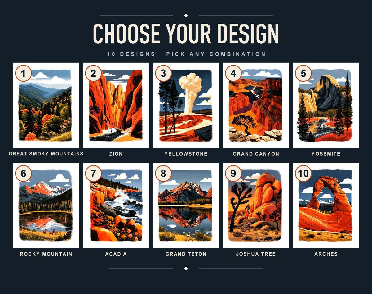 Style guide showing all 10 national park card designs numbered 1 to 10 with each park's name