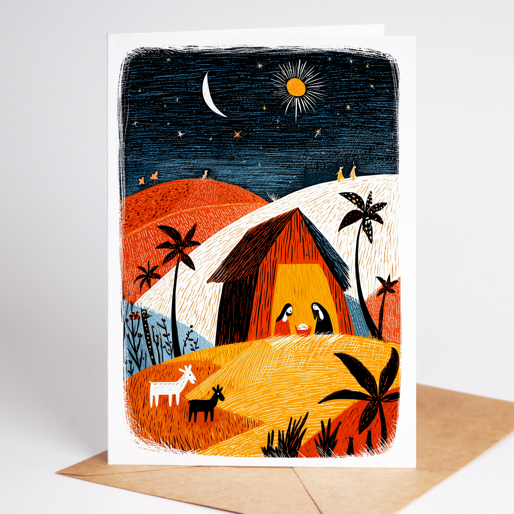 Nativity scene Christmas card showing the Holy Family inside a stable under a starry night sky with palm trees and animals, vibrant red, gold, and blue illustration by Learn Grow Play.