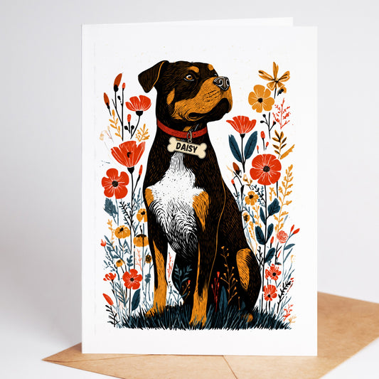 Personalized Rottweiler sympathy card with the name Daisy on a dog tag, standing on a kraft envelope