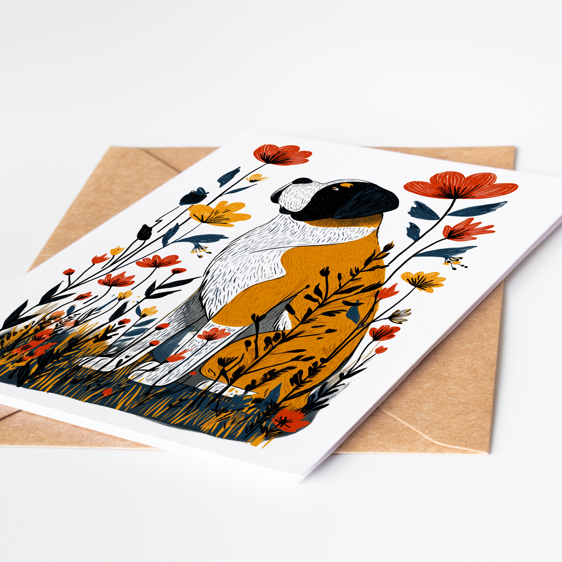 Saint Bernard floral note card featuring whimsical botanical art in autumn hues, 4.25 × 5.5 blank card for birthdays, thank-yous, or everyday correspondence.