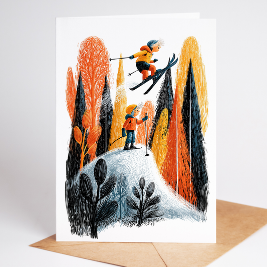 Skiing Birthday Card Set, Folk-Art Blank Note Cards