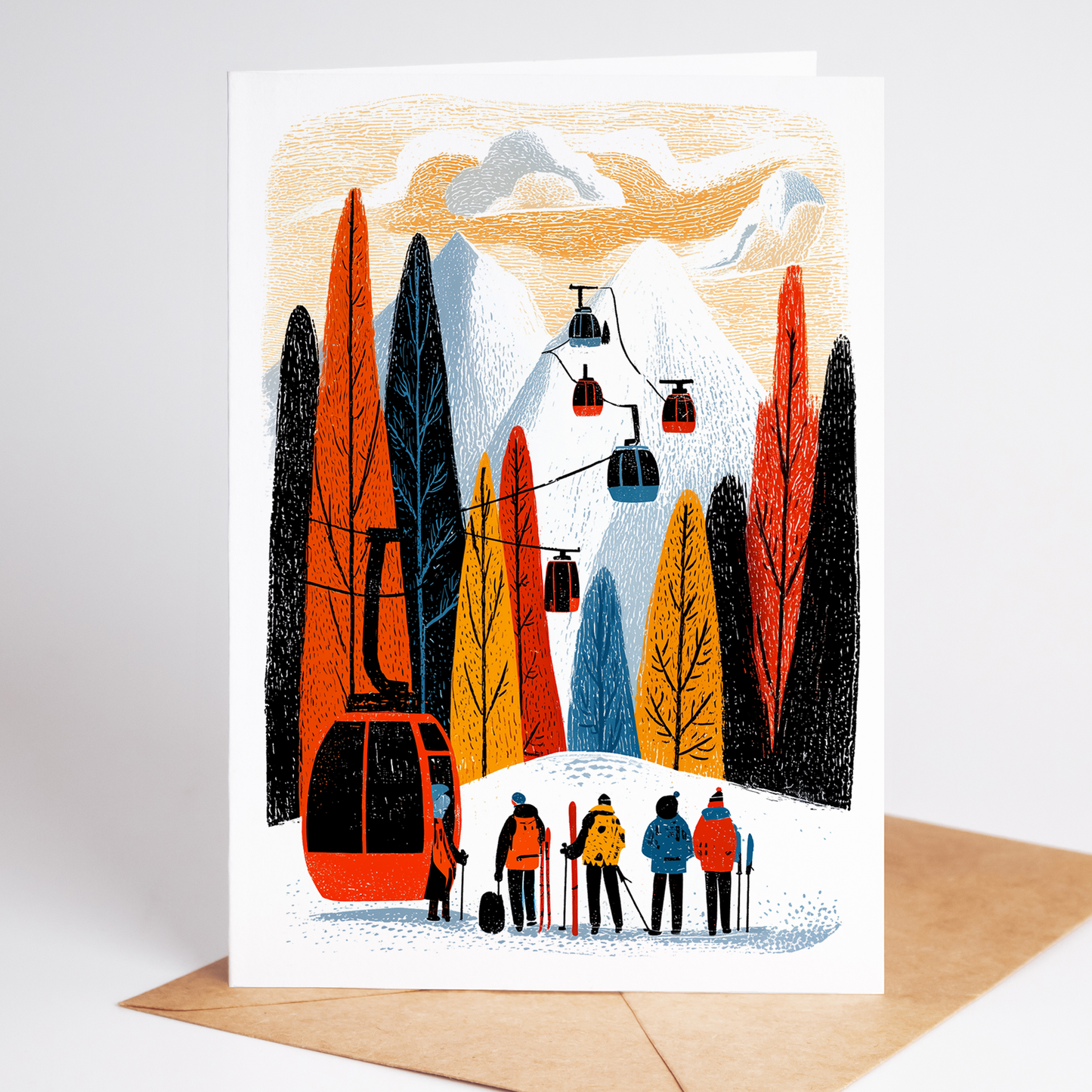 Skiing Birthday Card Set, Folk-Art Blank Note Cards