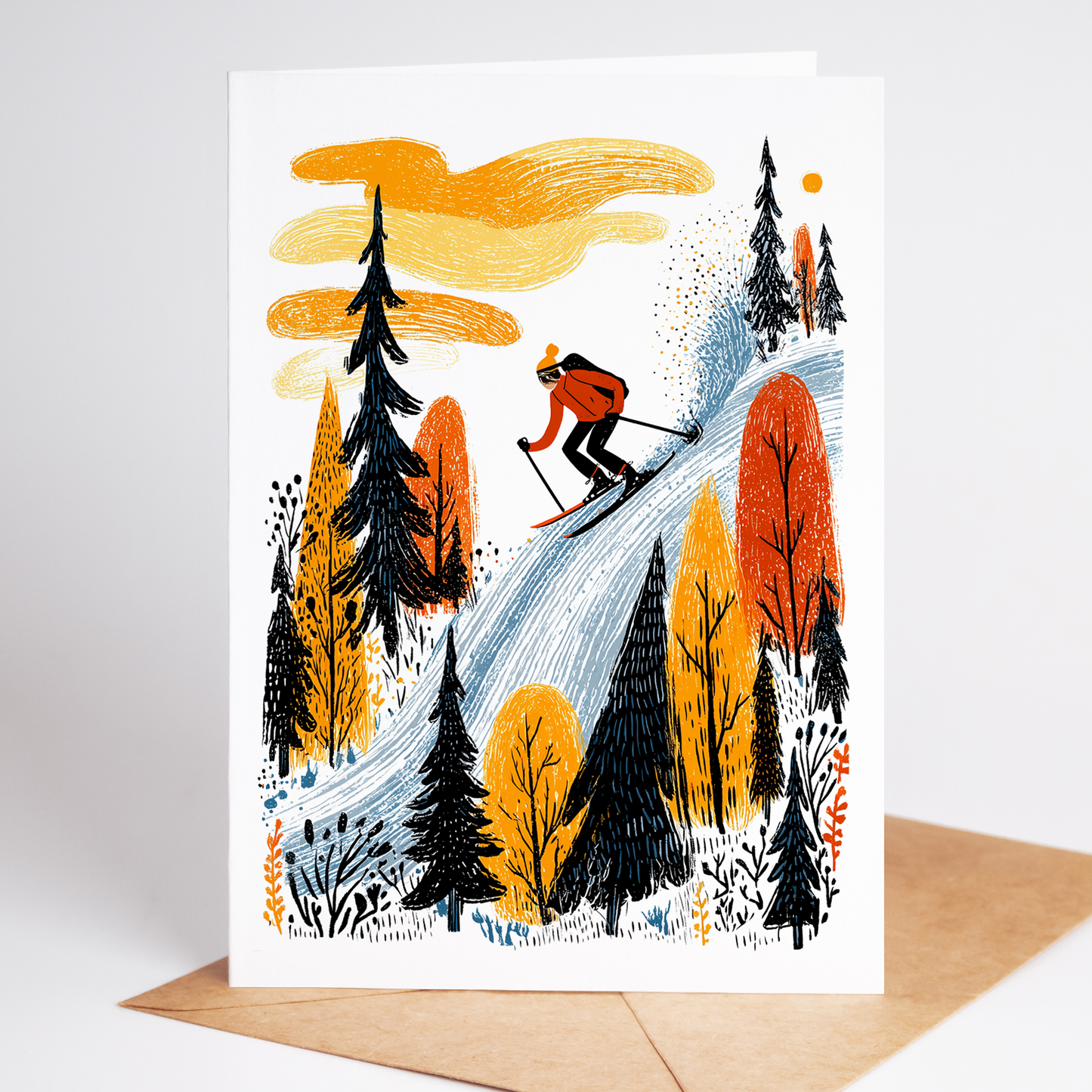 Skiing Birthday Card Set, Folk-Art Blank Note Cards