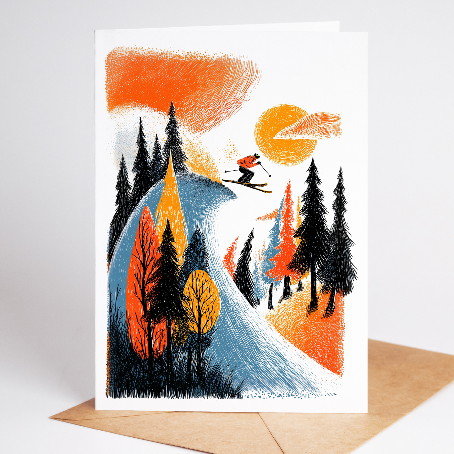 Skiing Birthday Card Set, Folk-Art Blank Note Cards