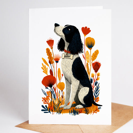 Personalized Springer Spaniel sympathy card with the name Buddy on a dog tag, standing on a kraft envelope