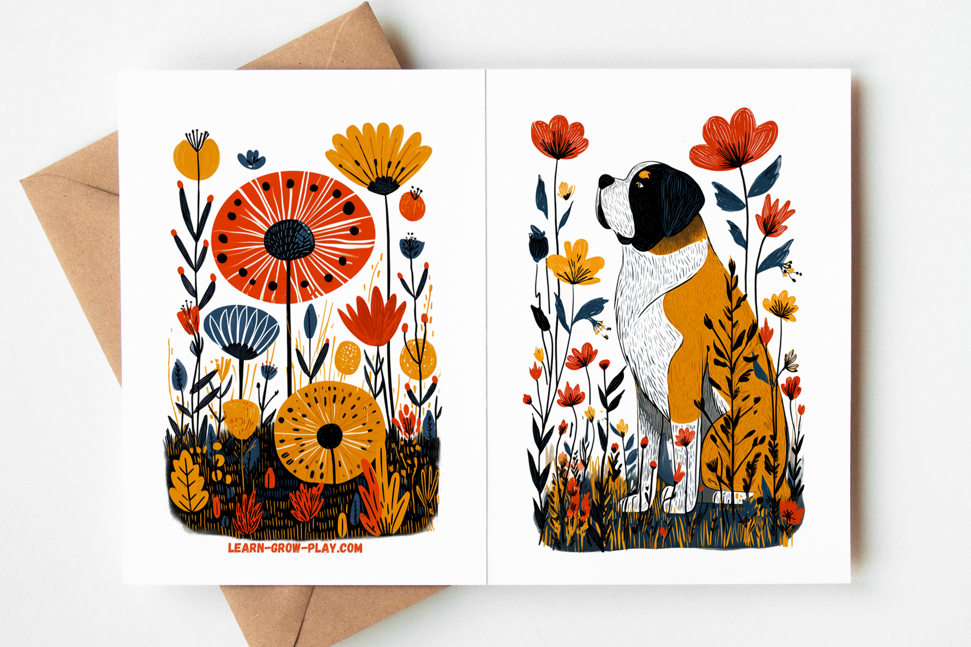 Rustic St Bernard dog amidst hand-drawn meadow flowers, modern folk-art style greeting card on premium matte cardstock, ideal gift for pet owners and stationery collectors.
