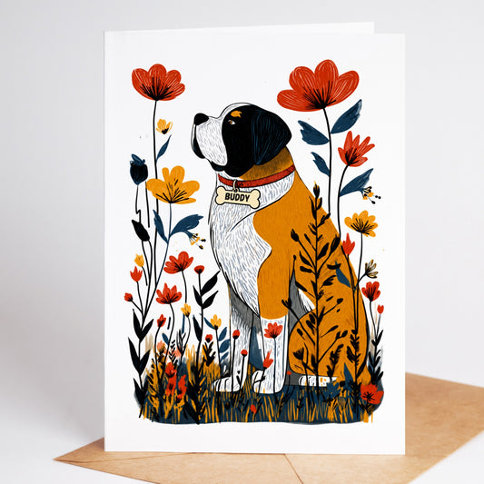 Personalized St. Bernard sympathy card with the name Buddy on a dog tag, standing on a kraft envelope