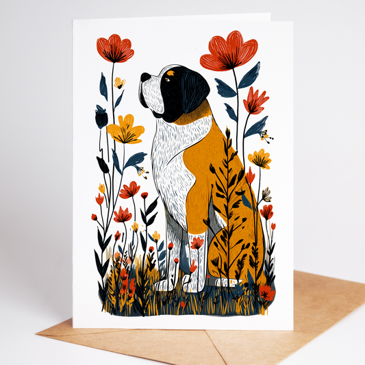 Illustrated St Bernard greeting card surrounded by vibrant orange, yellow, and navy wildflowers, blank inside, with kraft envelope—perfect nature-inspired dog lover stationery.