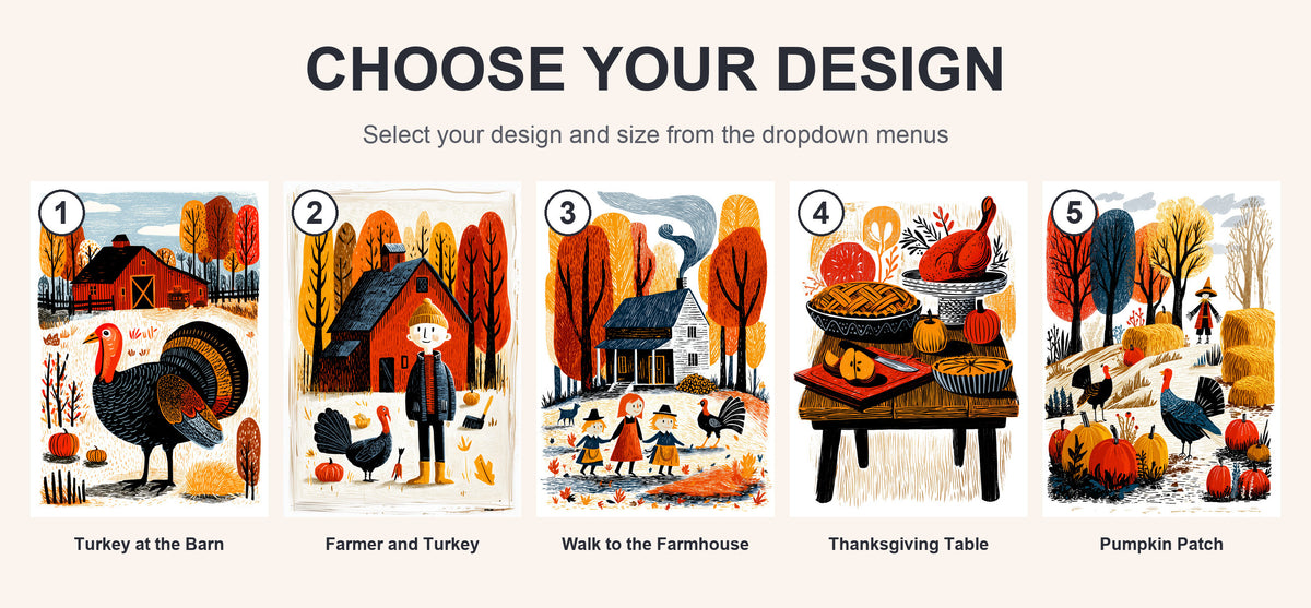 Numbered guide to the five Thanksgiving folk art print designs: turkey, farmer, farmhouse, table and pumpkin patch