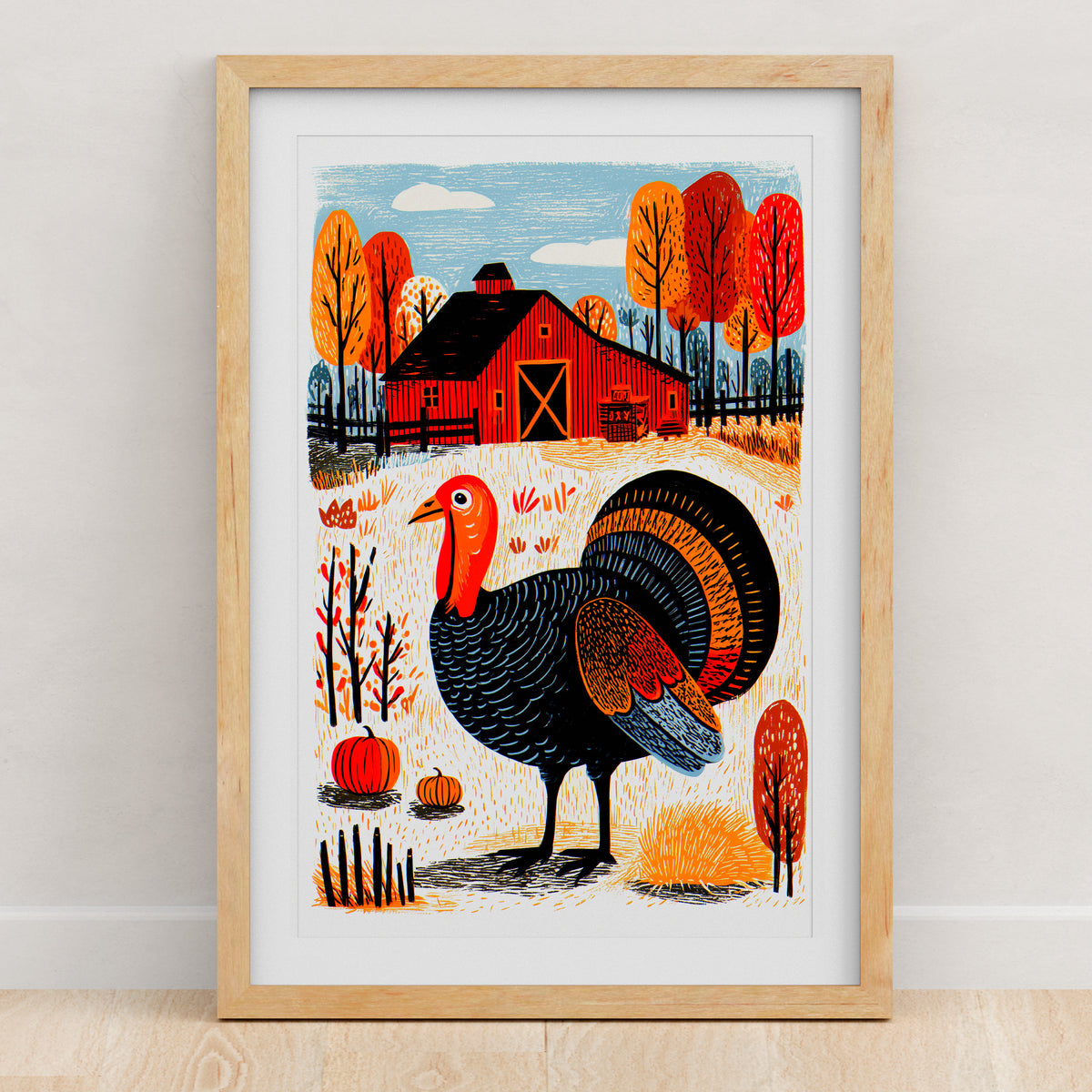 Thanksgiving turkey folk art print with a red barn and autumn trees, framed in light oak