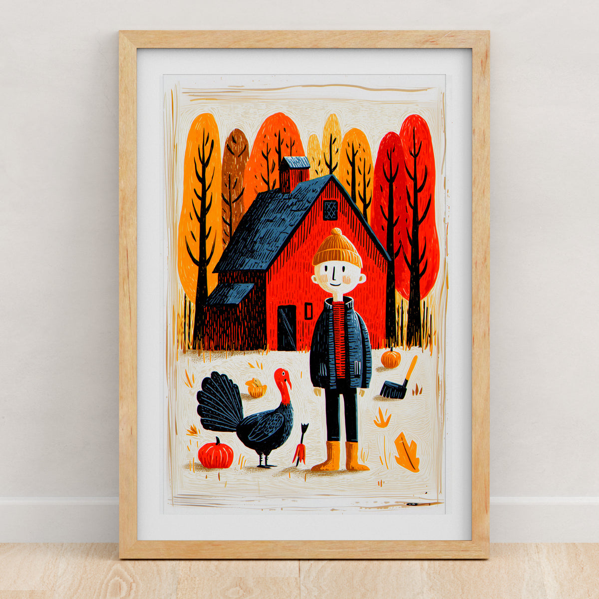 Folk art print of a farm boy in a knit hat with a turkey by a red barn, framed in light oak