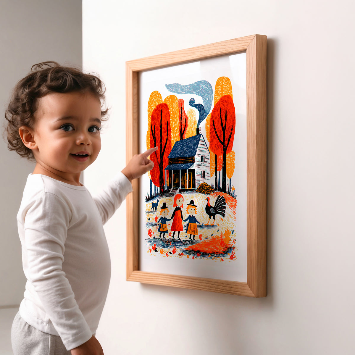 Framed autumn farmhouse art print on a white wall with a toddler pointing at it