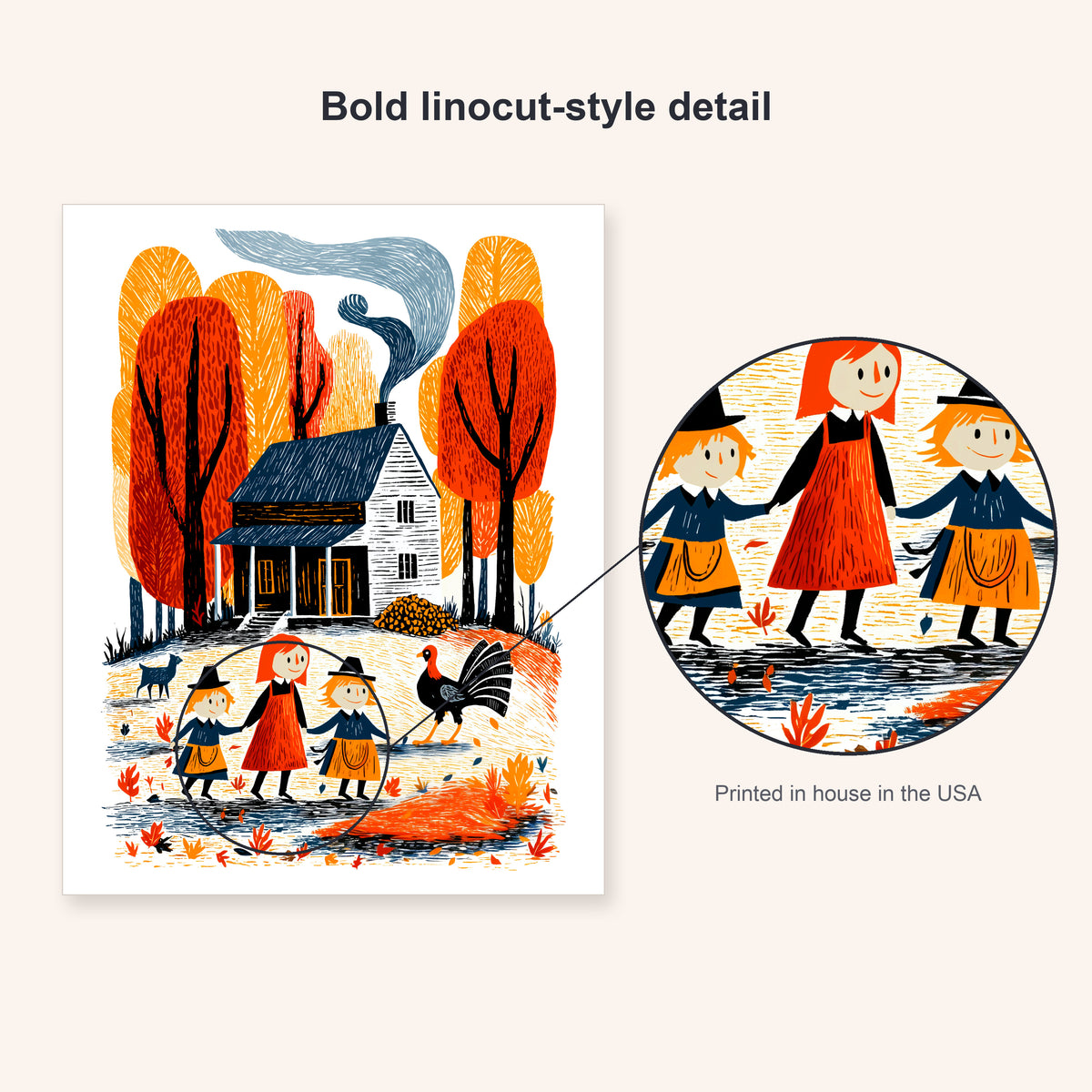 Thanksgiving farmhouse art print beside an enlarged detail of the three children