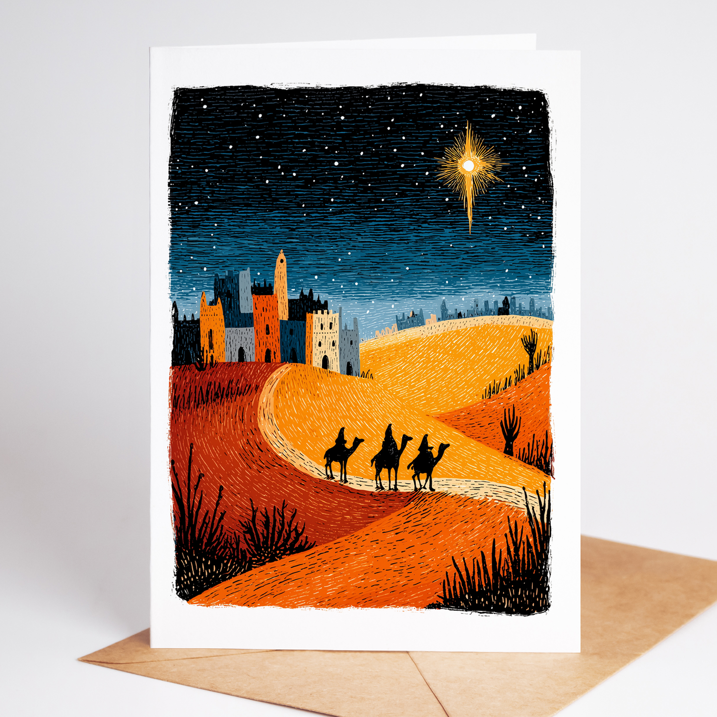 Religious Christmas card depicting the Three Wise Men traveling by camel toward Bethlehem under the Star of Bethlehem, vibrant orange and blue Nativity artwork by Learn Grow Play.
