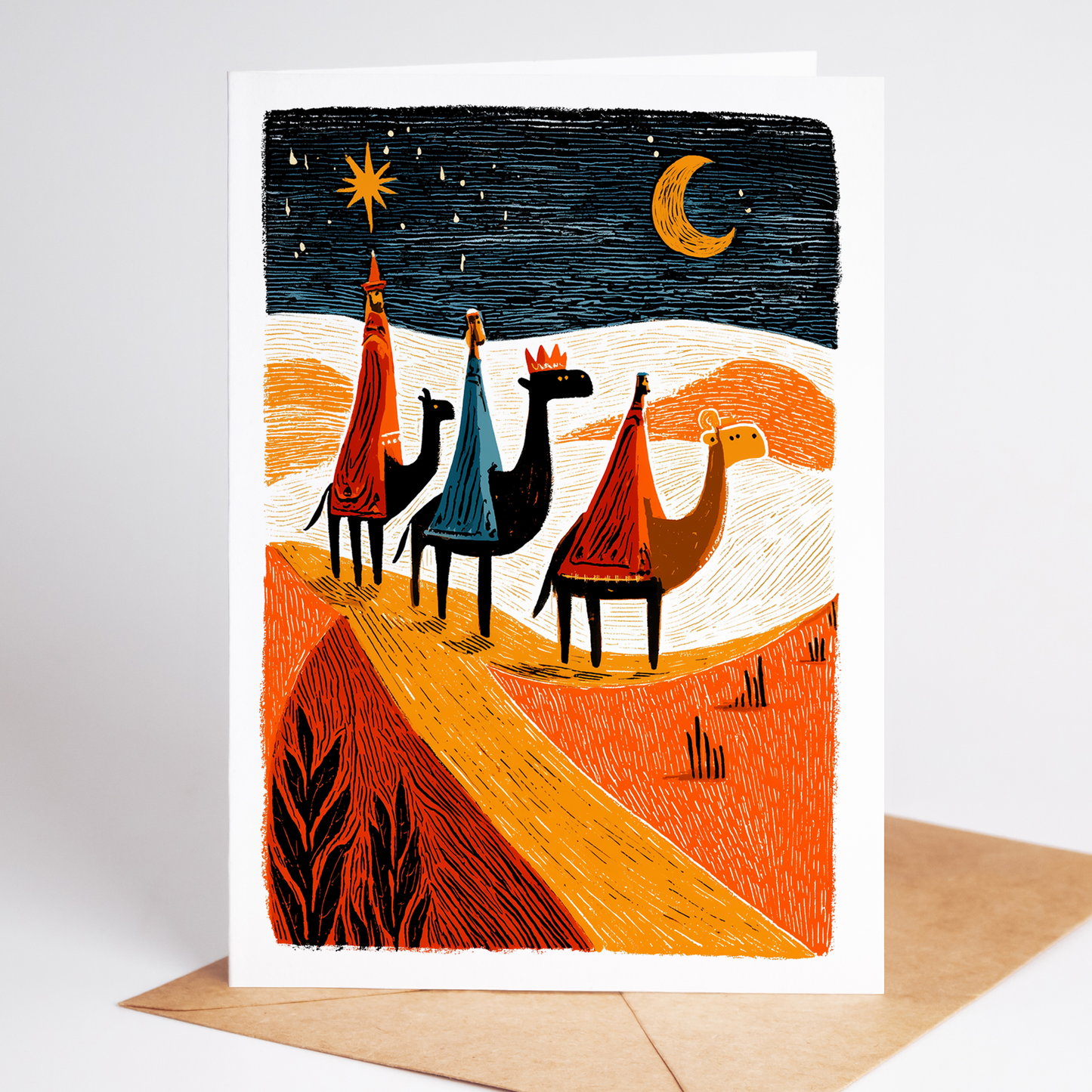 Religious Christmas card featuring the Three Wise Men riding camels under a starry night sky on their journey to Bethlehem, colorful Nativity artwork illustrated by Learn Grow Play.