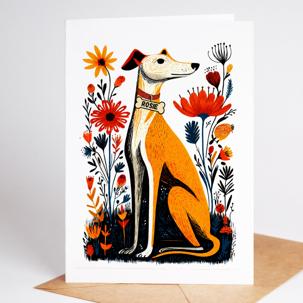 Whippet card with a collar and a dog tag reading Rosie, standing on a kraft envelope