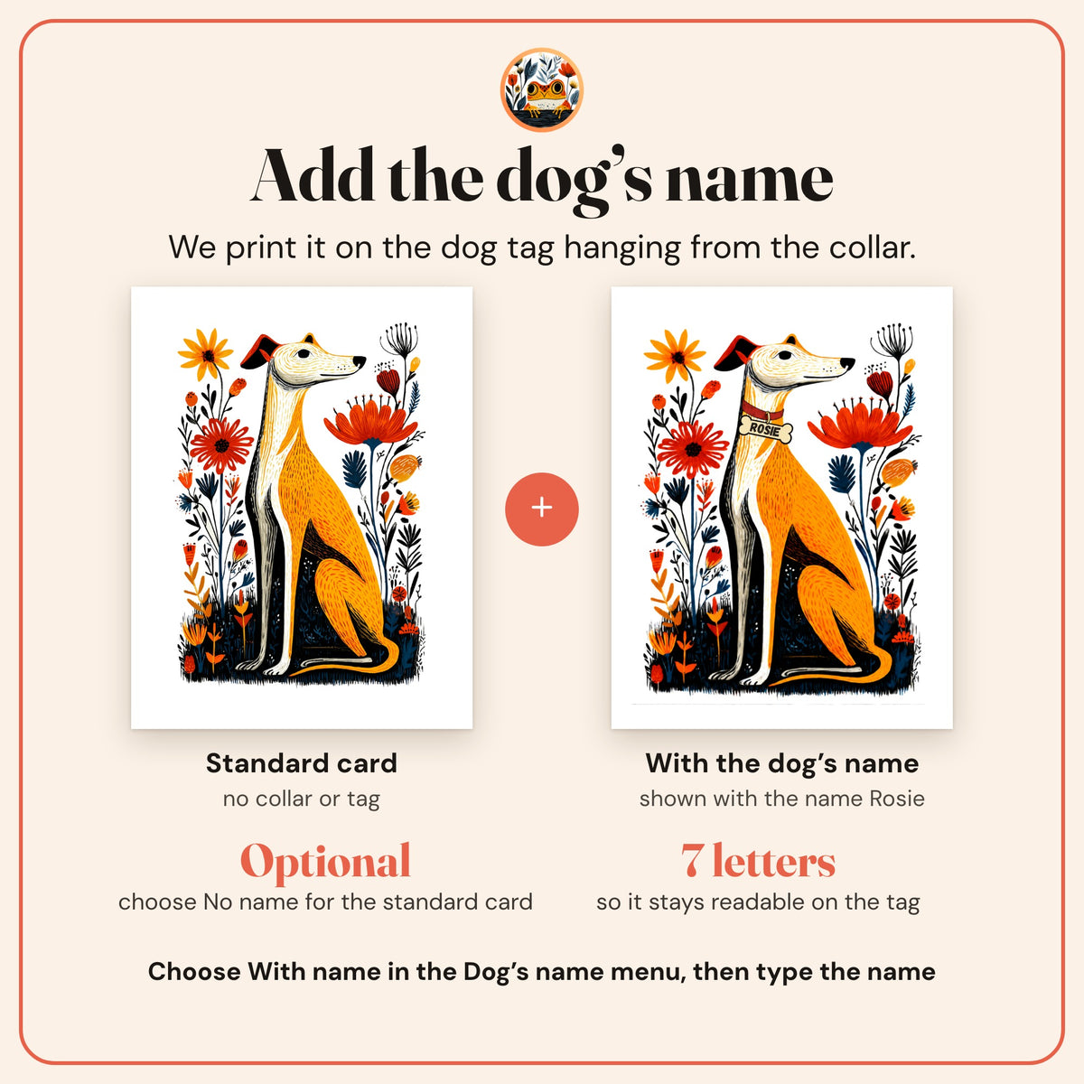How to add the dog's name: the standard Whippet card beside the card with a collar and a dog tag