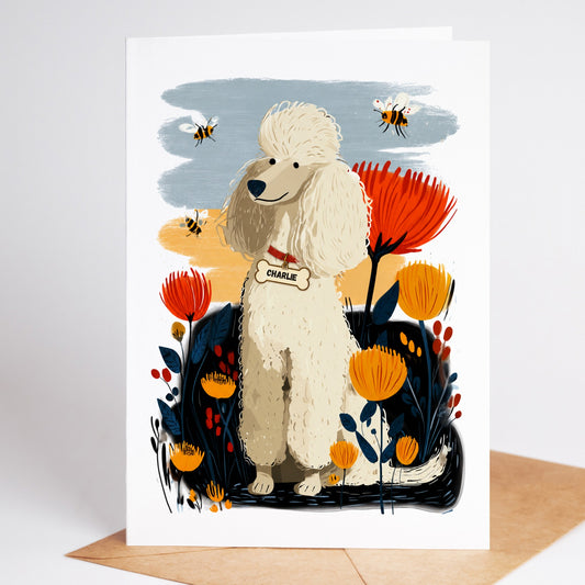 Personalized White Poodle sympathy card with the name Charlie on a dog tag, standing on a kraft envelope