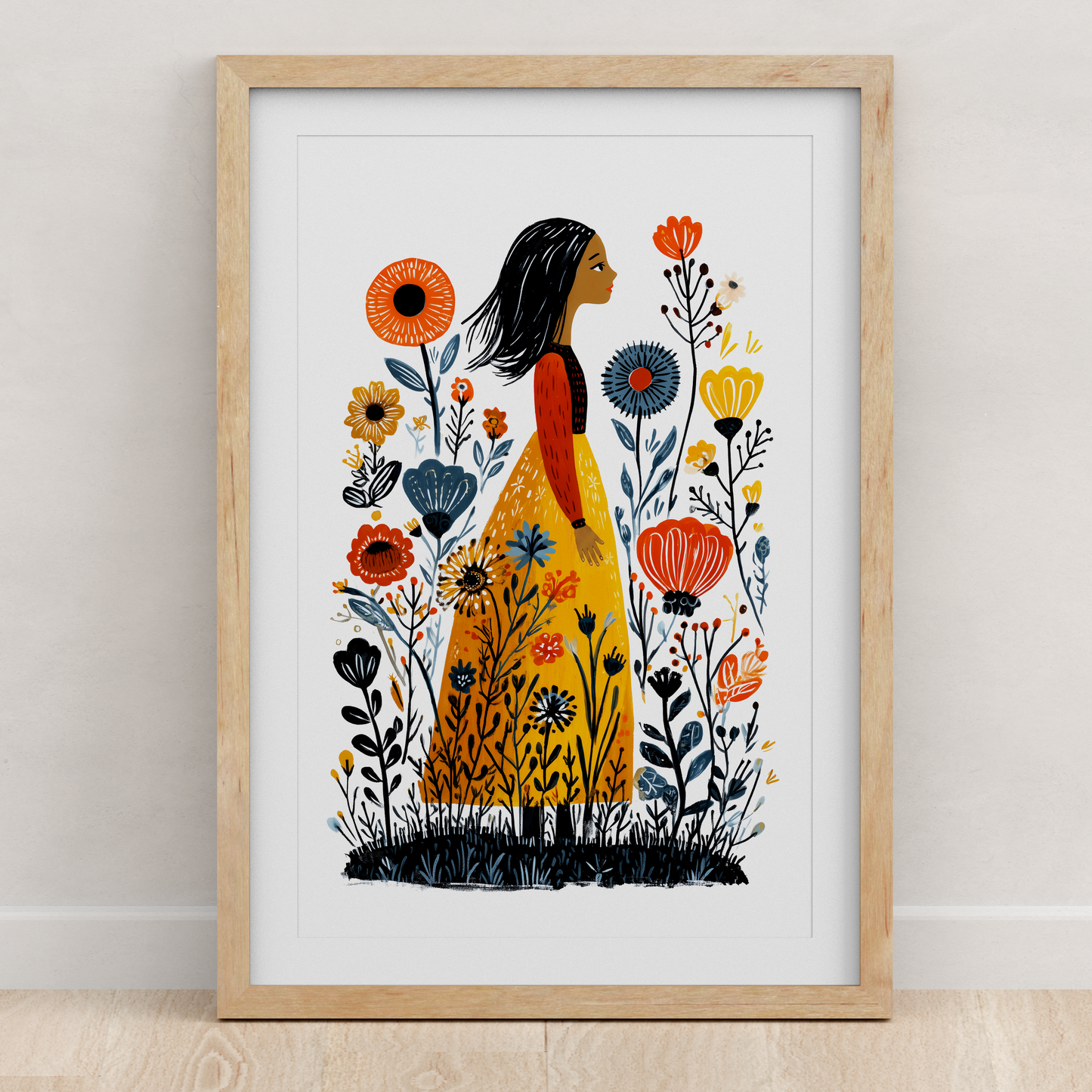 Wildflower Girl Folk Art Print | Botanical Wall Art | Boho Flower Illustration | Wildflower Wall Decor 8x10 11x14