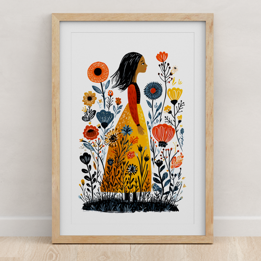 Wildflower Girl Folk Art Print | Botanical Wall Art | Boho Flower Illustration | Wildflower Wall Decor 8x10 11x14