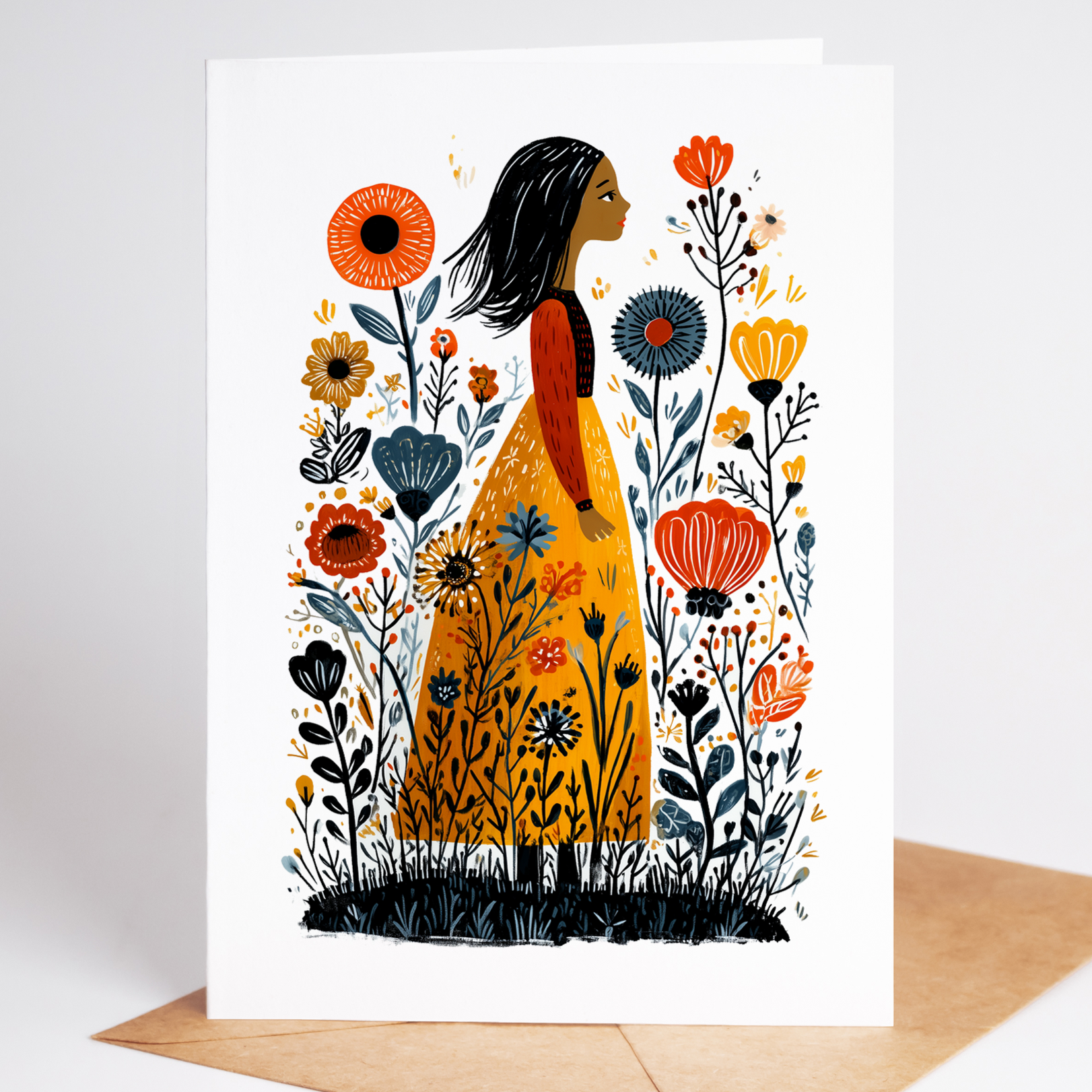 Whimsical folk-art greeting card showing a dark-haired girl in a golden skirt standing amid bold orange, yellow, and navy wildflowers; blank 4.25 × 5.5 note card with kraft envelope.