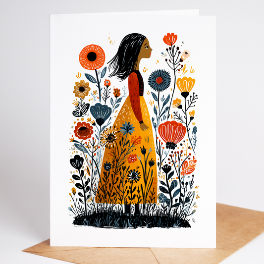 Whimsical folk-art greeting card showing a dark-haired girl in a golden skirt standing amid bold orange, yellow, and navy wildflowers; blank 4.25 × 5.5 note card with kraft envelope.