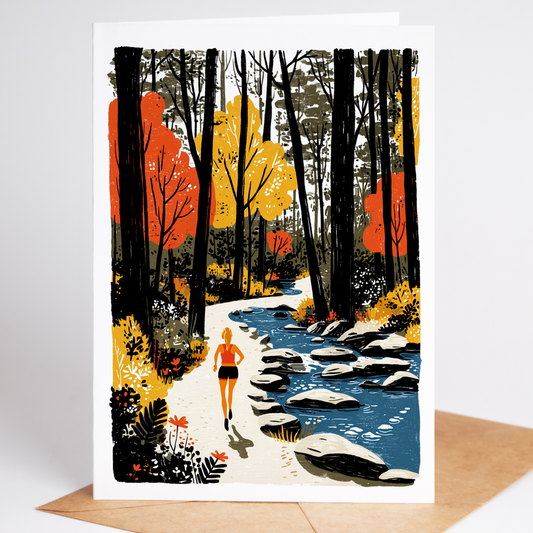 Artistic running card design with jogger mid-stride, red sports bra and black leggings, textured brush-stroke illustration. Set includes 10 unique cards.
