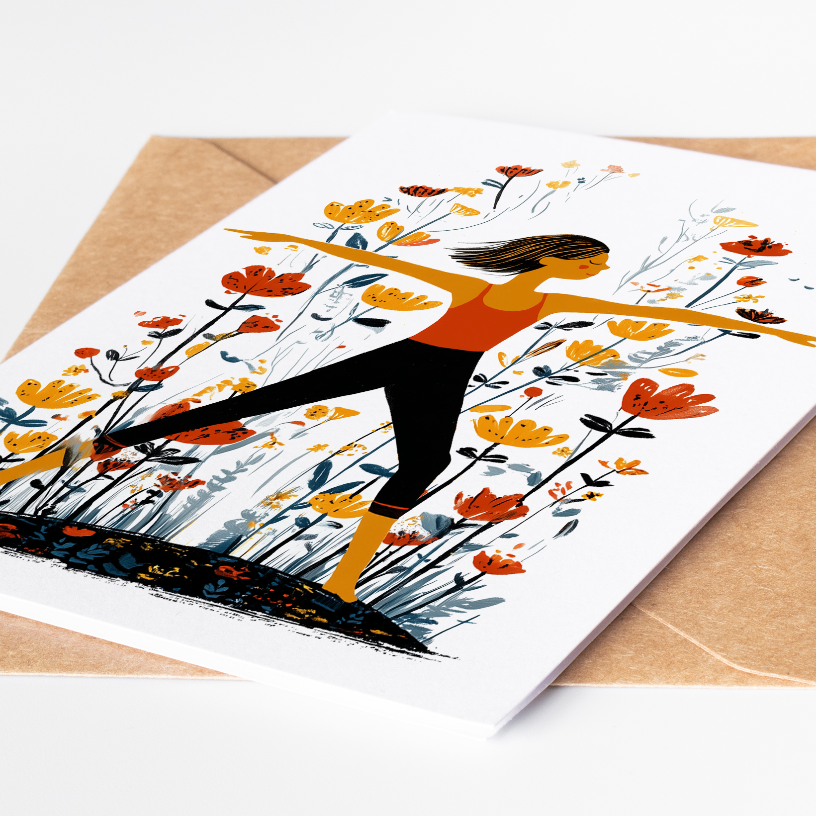 Yoga card with woman in Crescent Pose surrounded by bright wildflowers