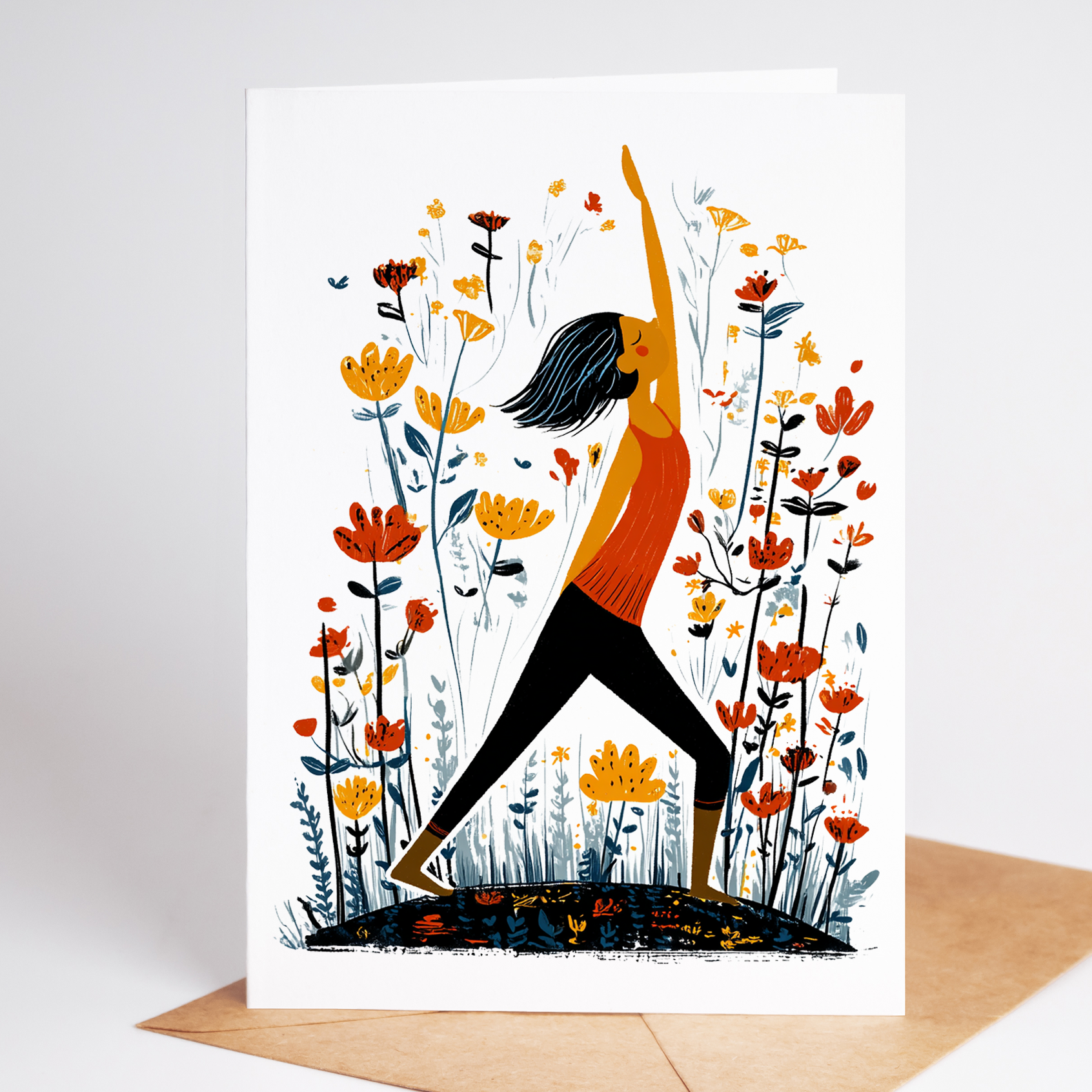 Open Crescent Pose card with matching envelope and floral art