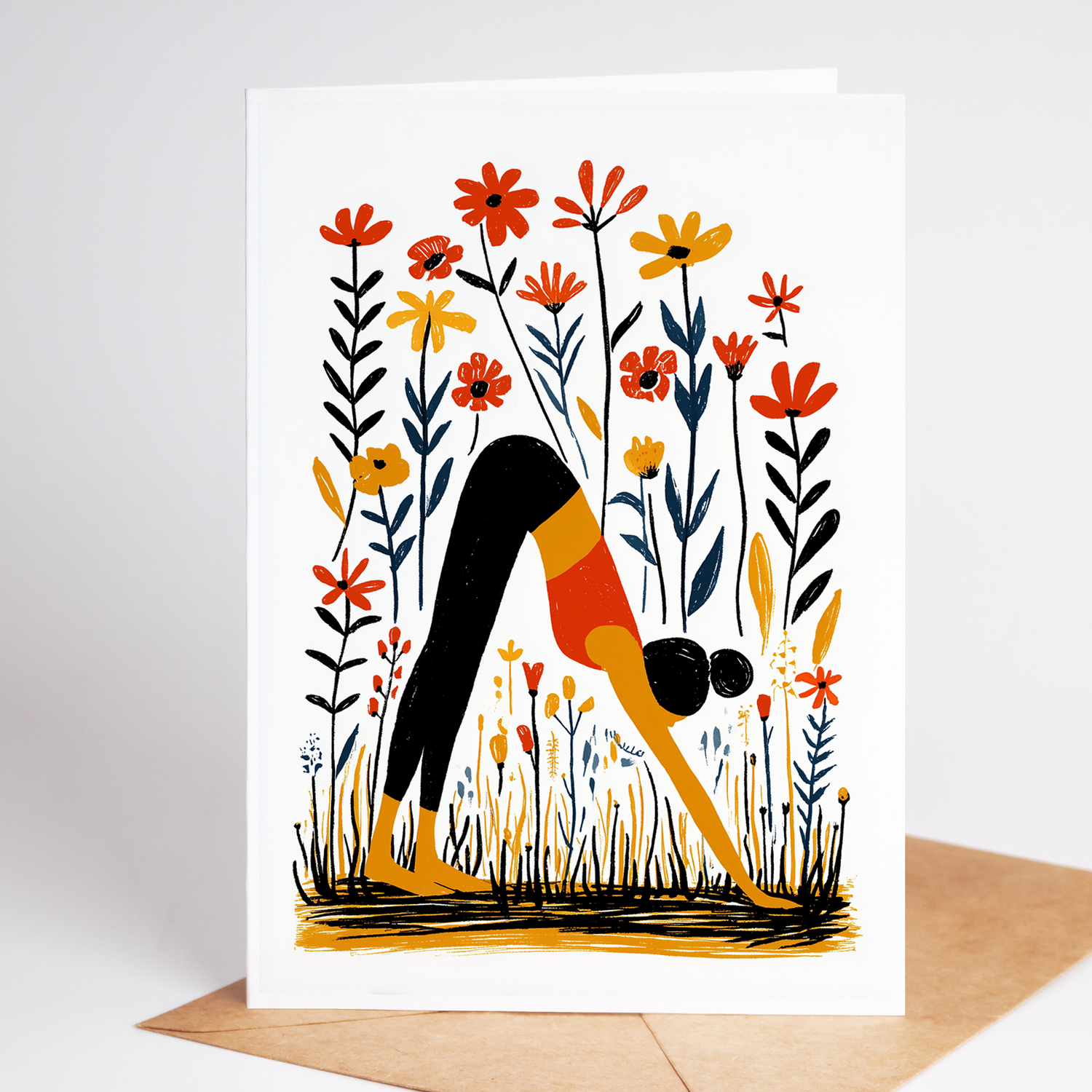 Yoga note card with woman in Downward Dog pose surrounded by wildflowers
