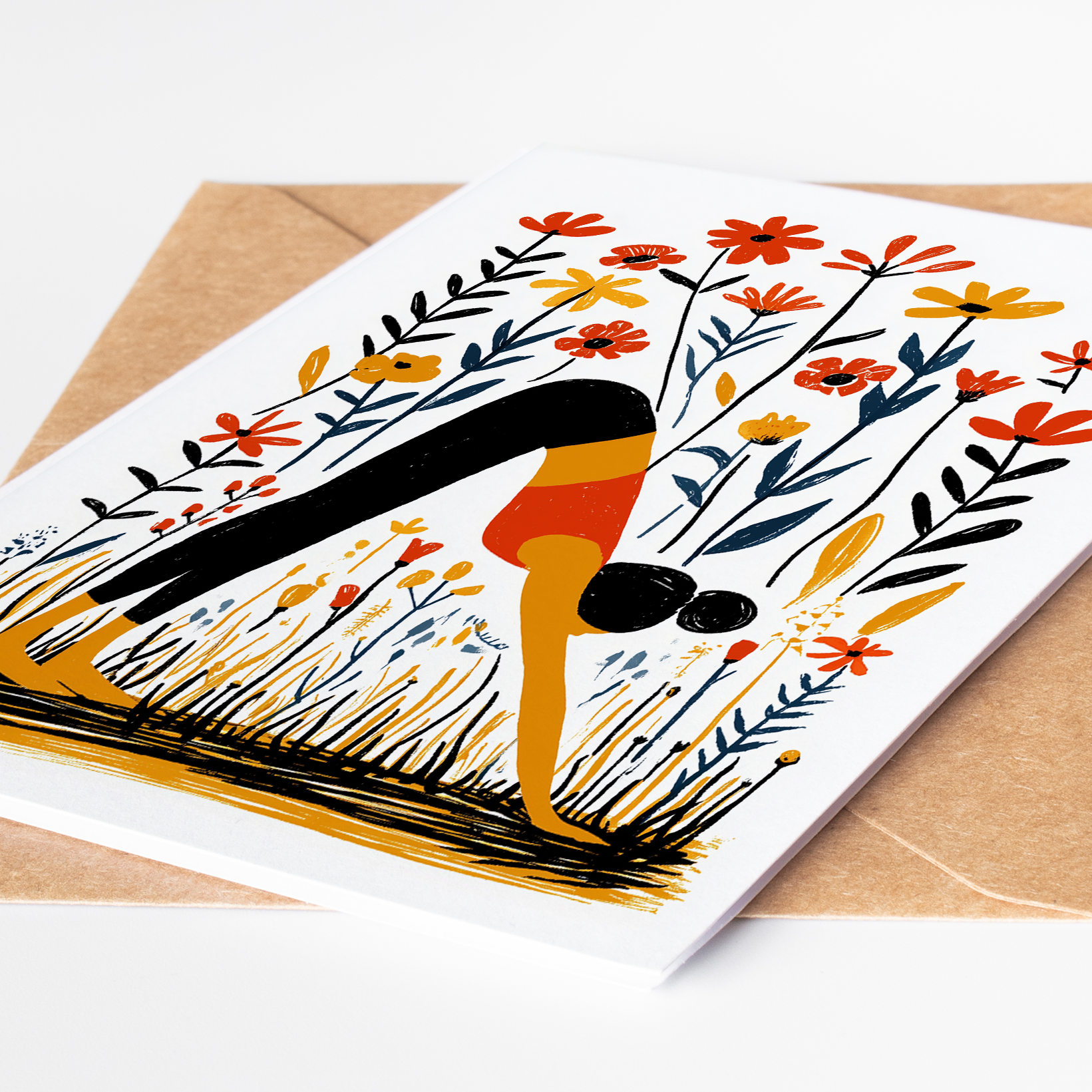 Open yoga card showing Downward Dog design with matching envelope