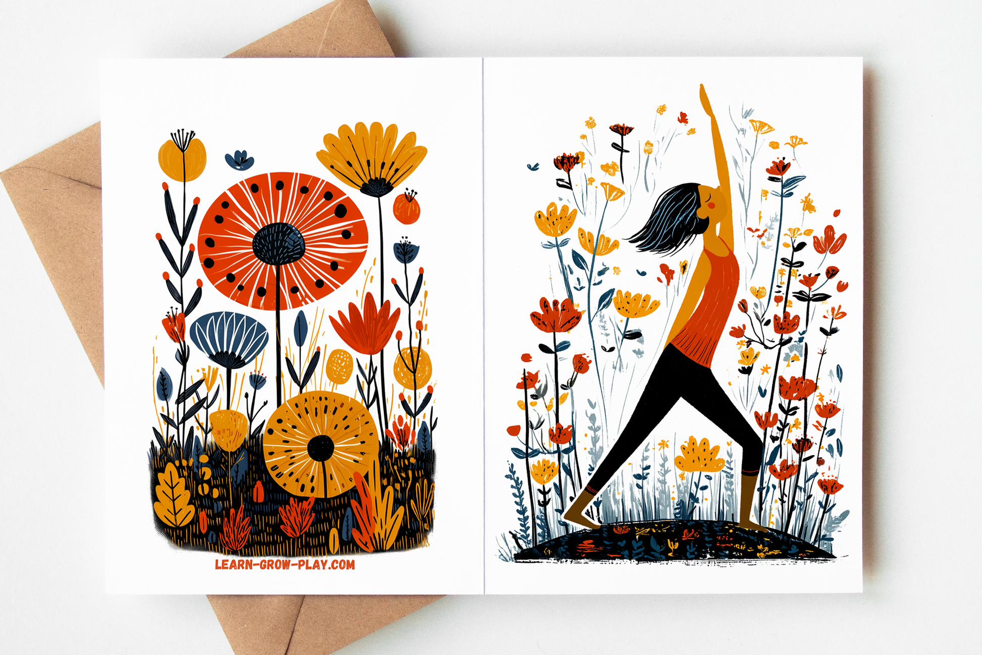 Set of yoga pose cards showing all four designs with floral folk-art details