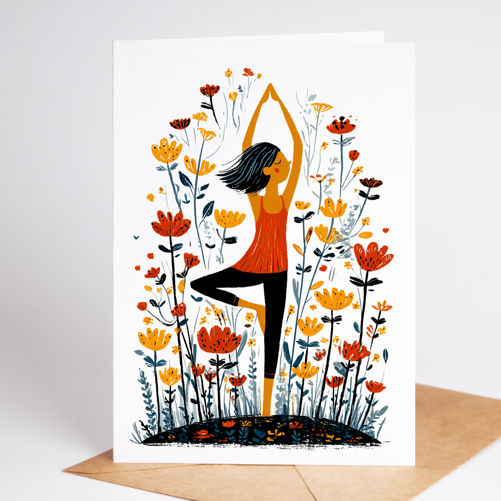 Open yoga Tree Pose card next to envelope, folk-art flowers
